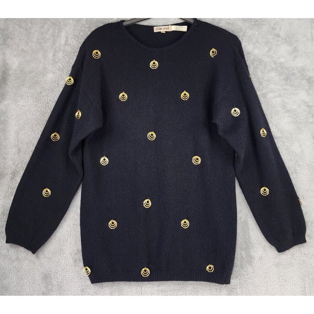 L'EAU VIVE Sweater Womens Large Black Gold Ring Wool Blend Long Sleeve Vintage